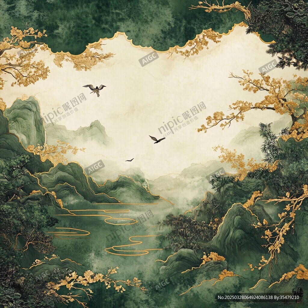 中式山水金纹意境风景画