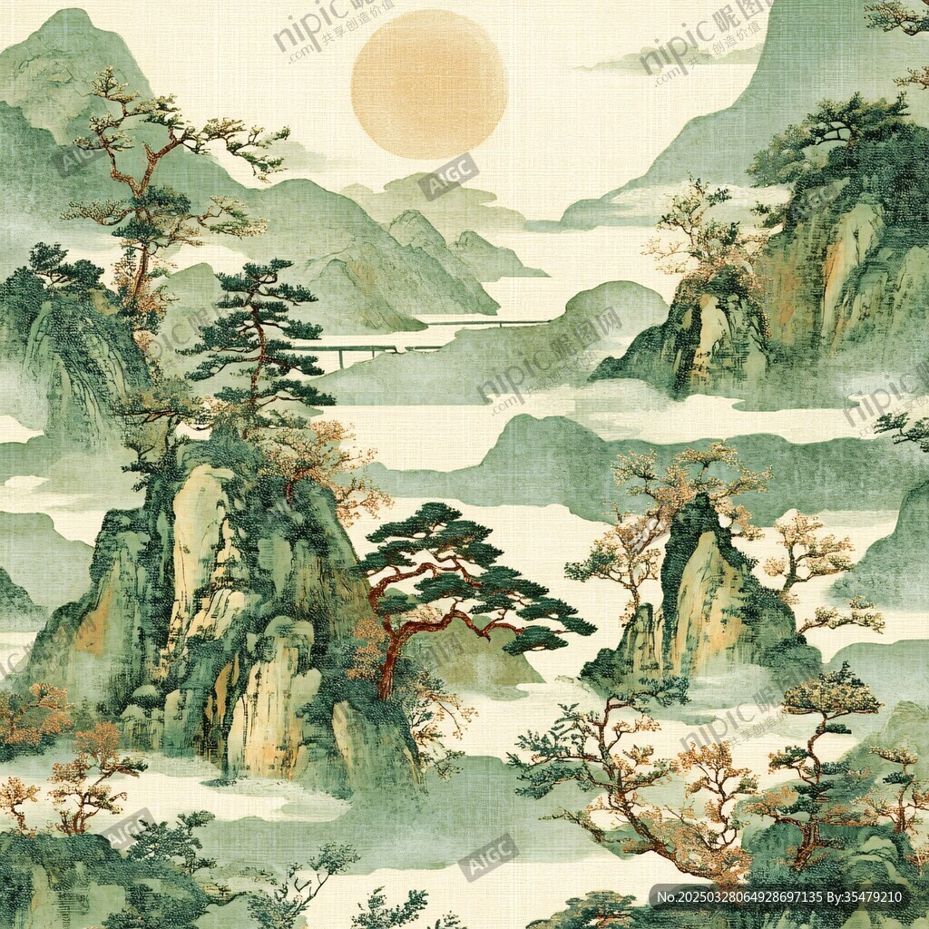 水墨山水间的日出盛景