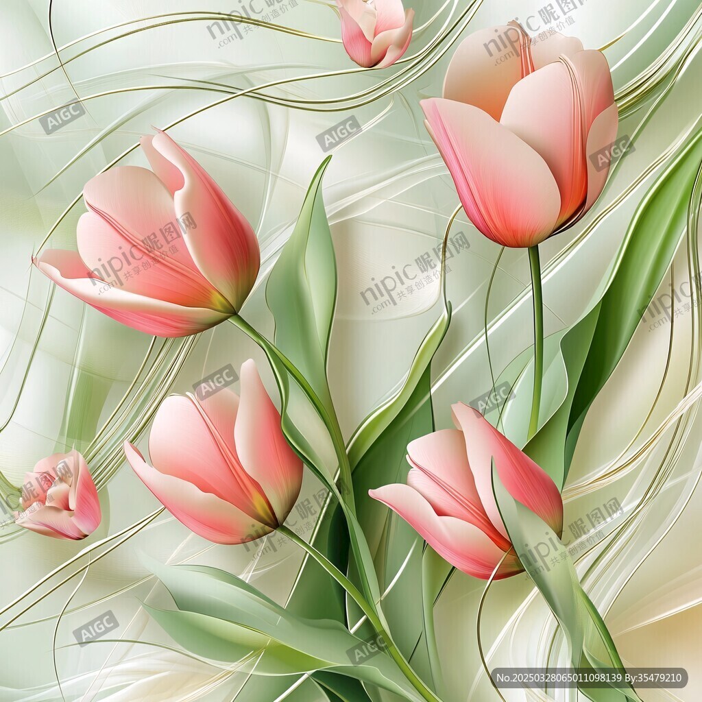 梦幻粉色郁金香花卉插画