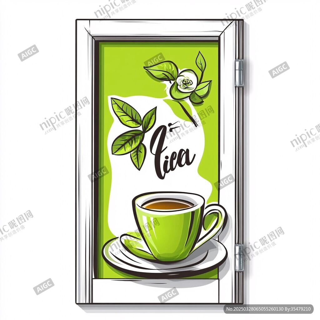 绿色窗景中的茶饮插画
