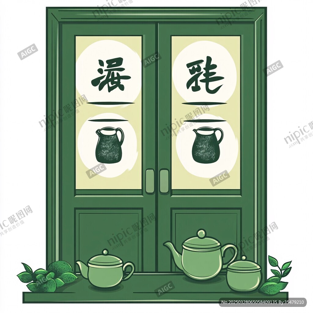 中式茶馆门与茶具插画