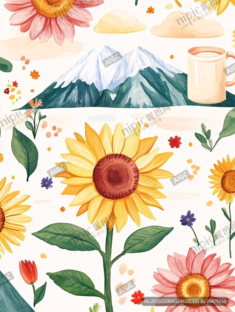 夏日花卉与山川风景插画