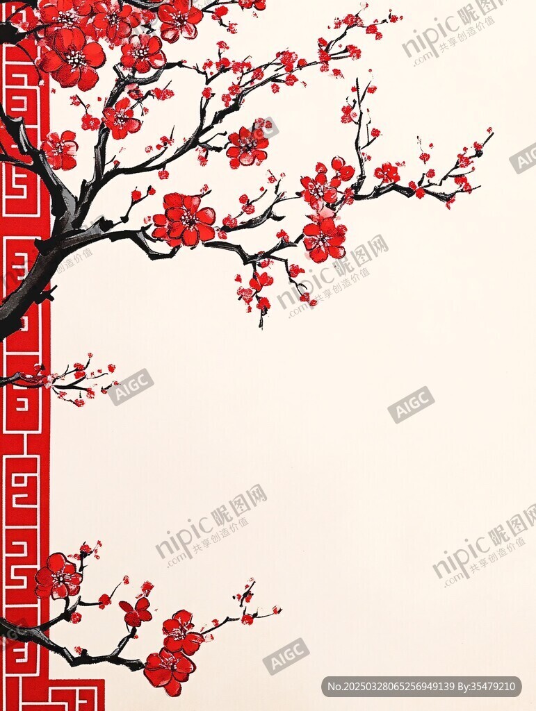 红梅映边饰中式风背景