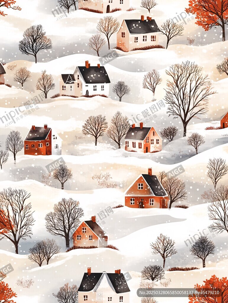 冬日乡村雪景温馨画面
