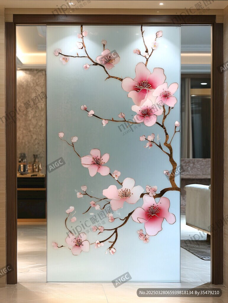 中式桃花玻璃屏风隔断