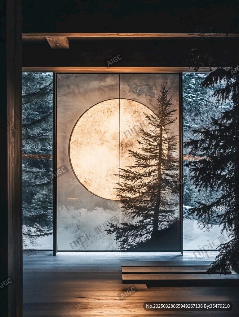 窗前满月映雪松景致