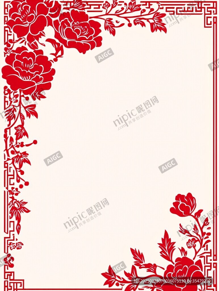 中式红牡丹花纹边框图案