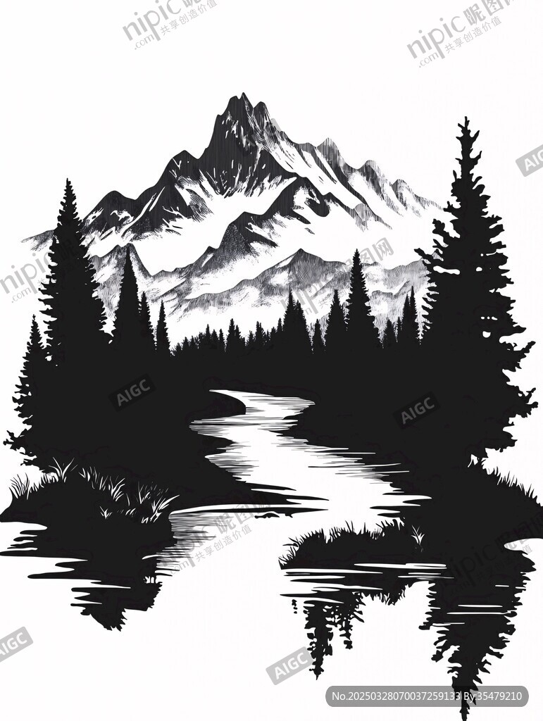 山林溪流黑白风景插画