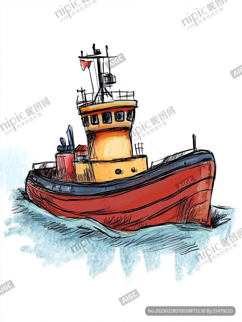 手绘红色拖船在海面航行