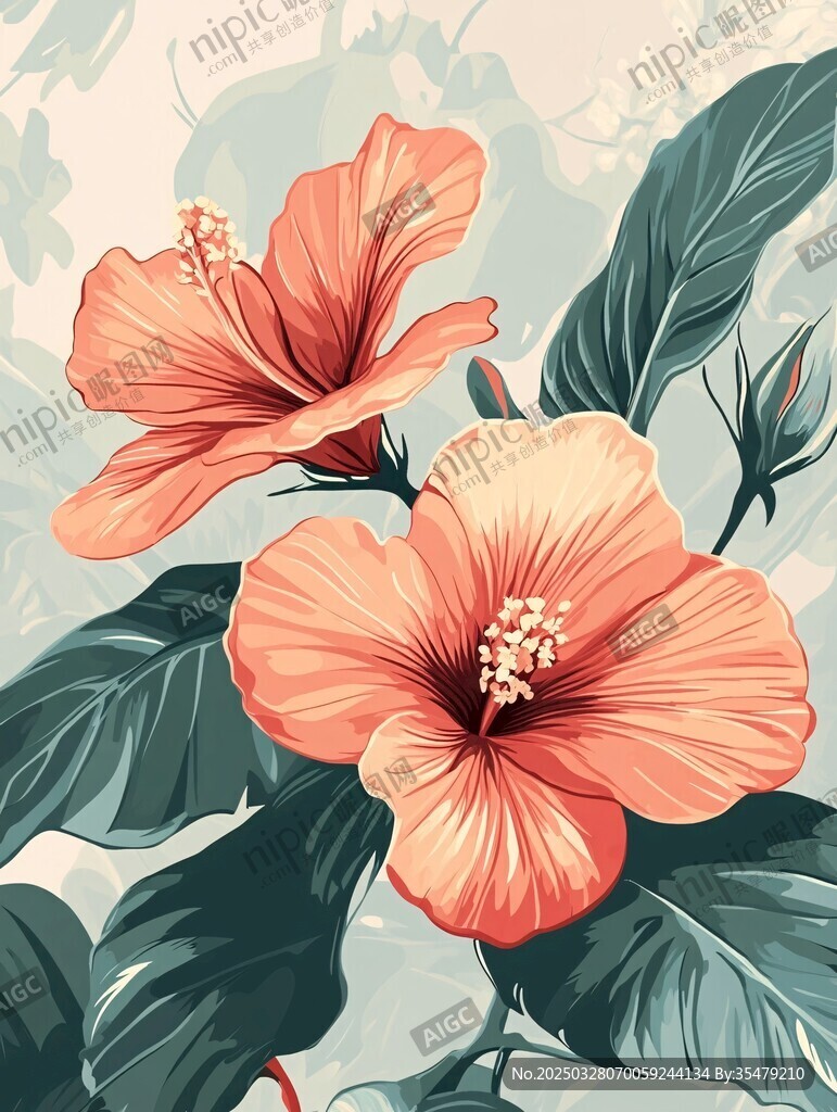 复古风扶桑花插画图案