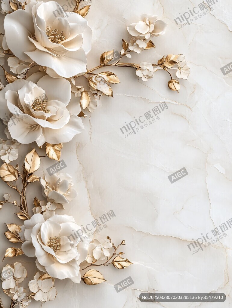 白玉石上的金白花卉装饰
