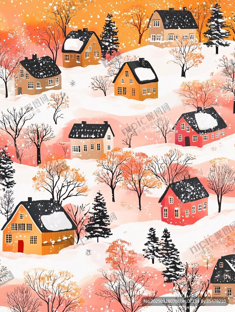 冬日温馨村庄雪景插画