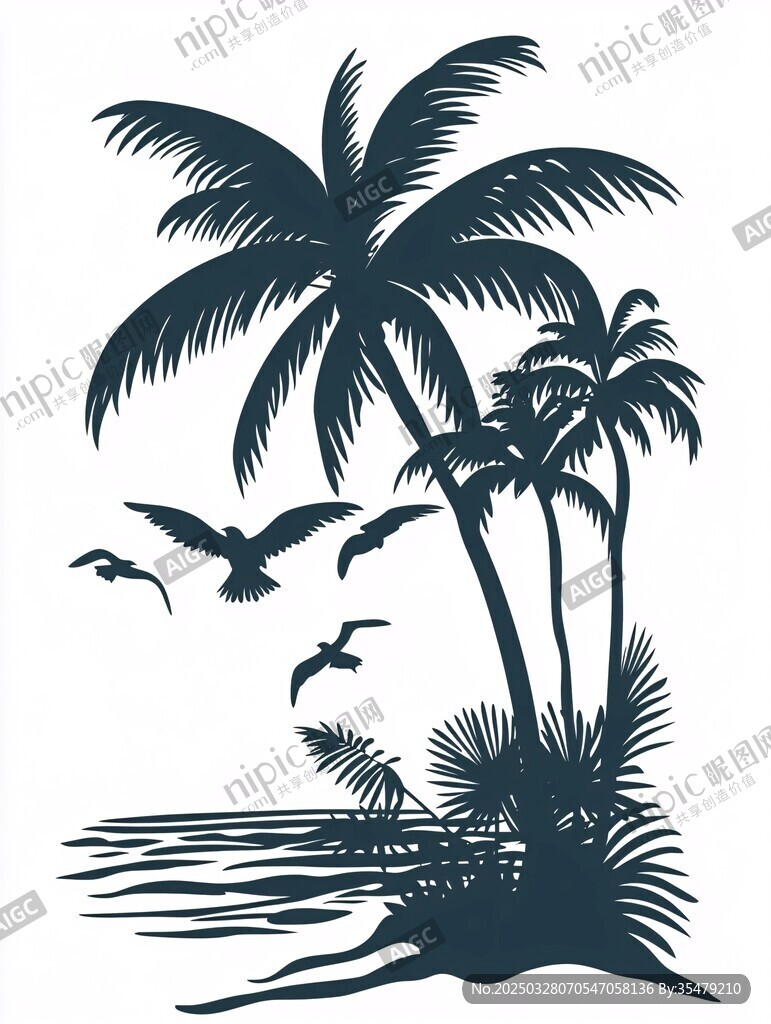 海边椰树飞鸟剪影风光