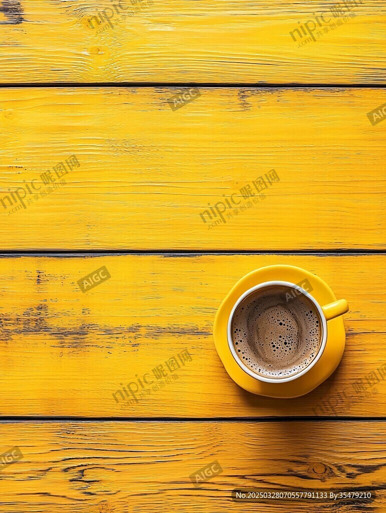黄色木桌上的咖啡杯