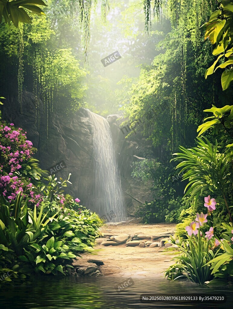 梦幻丛林中的瀑布美景