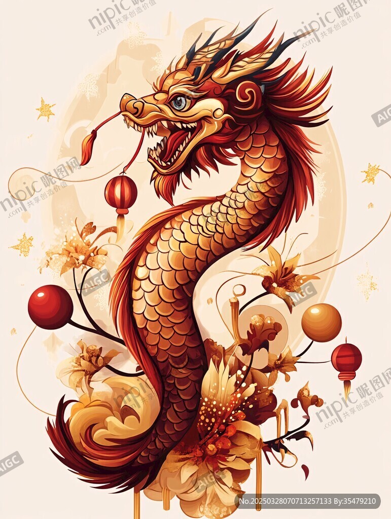 祥龙贺岁 花卉环绕瑞兽