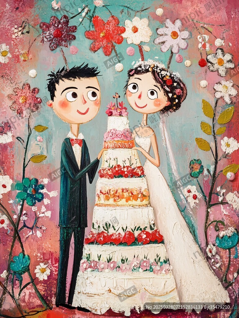 甜蜜新婚夫妇与精美蛋糕