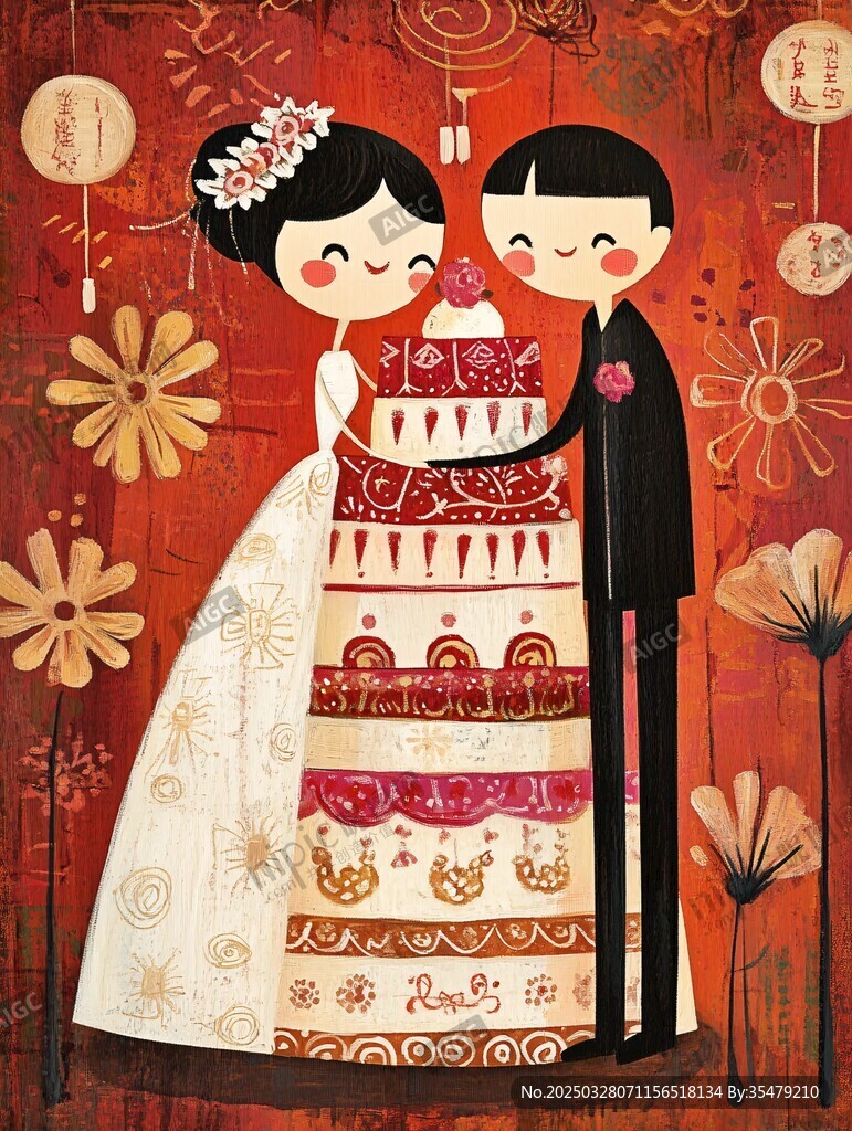 甜蜜新婚夫妇与婚礼蛋糕