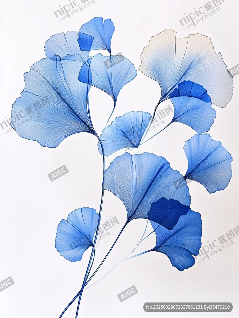 梦幻蓝色银杏叶艺术插画