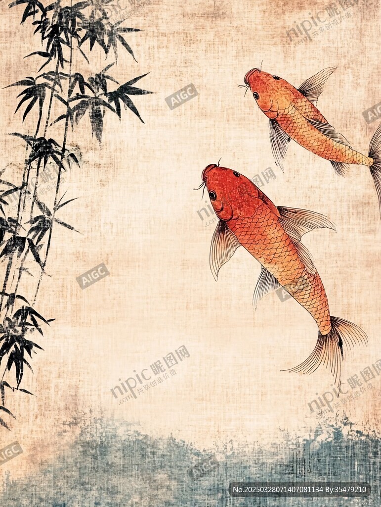 水墨双锦鲤伴翠竹图