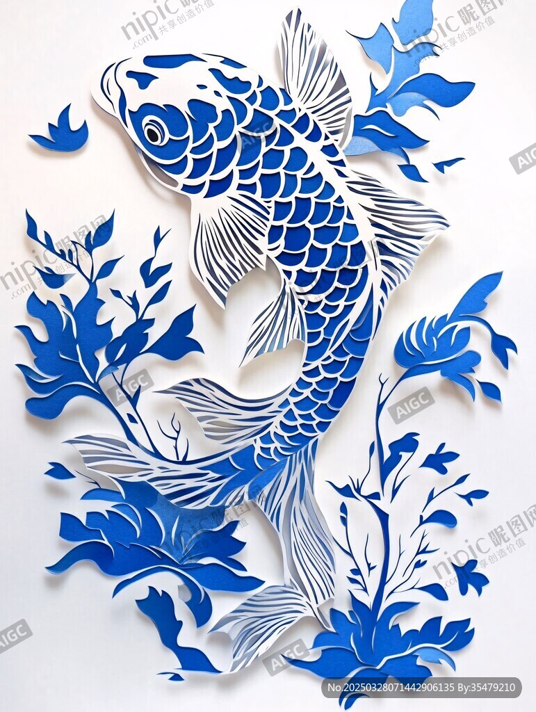 蓝白剪纸风锦鲤花卉图案