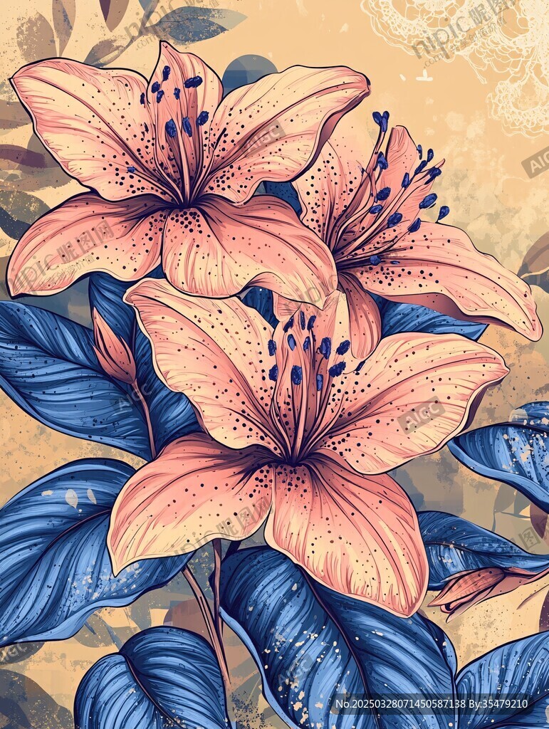 复古风粉色百合花插画