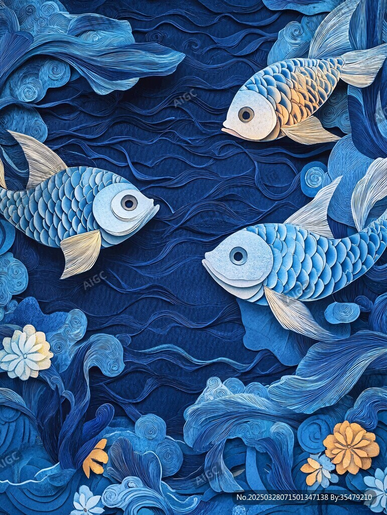 蓝色剪纸风三锦鲤水中游