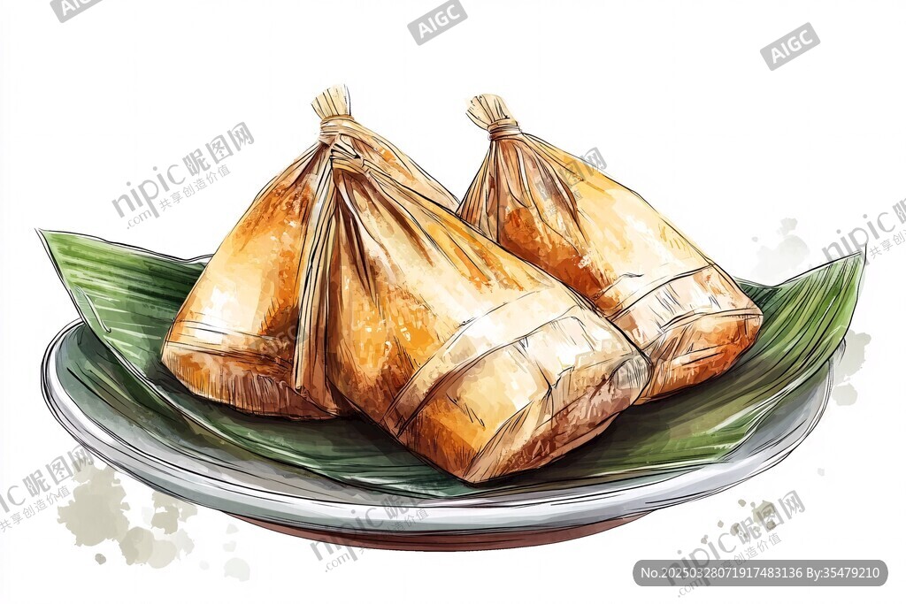 手绘美味棕子摆于盘中