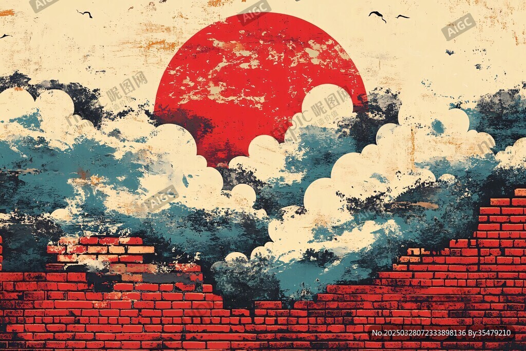 红日云海砖墙艺术画面