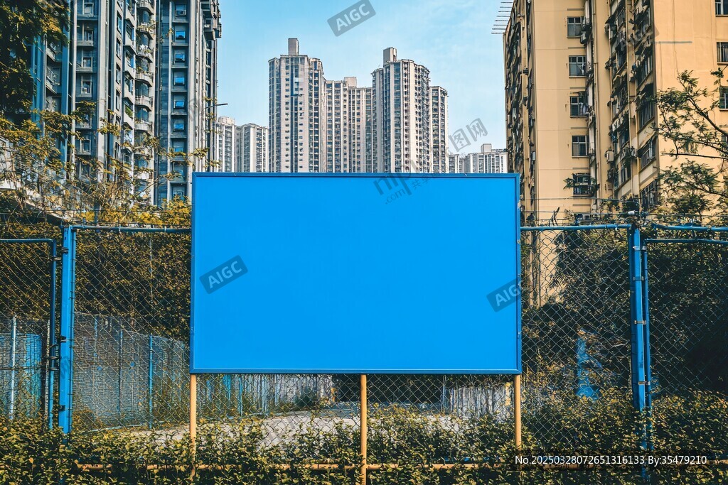 城市中的蓝色户外广告牌