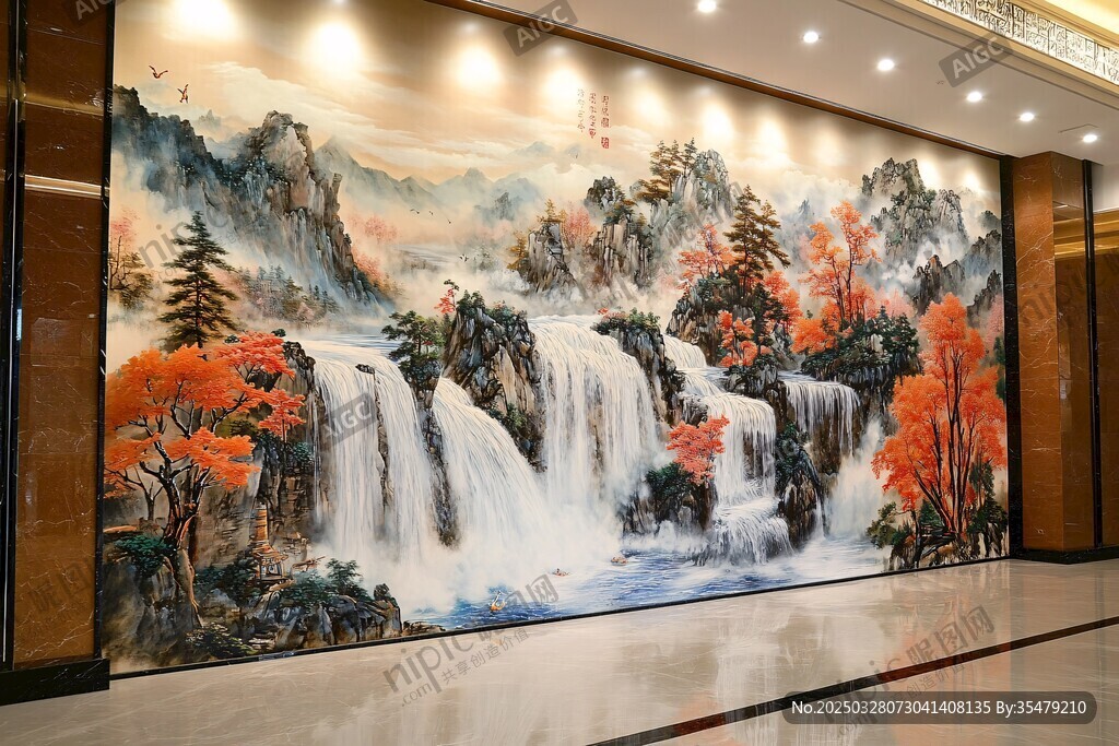 大厅中式山水瀑布装饰画