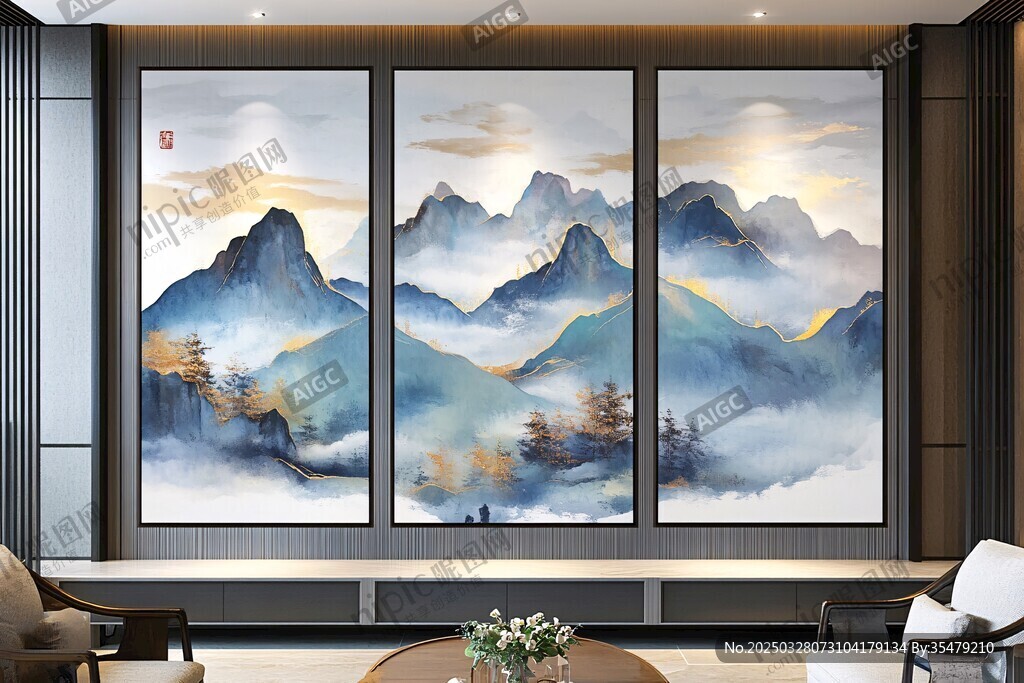 中式山水三联画 客厅新风景