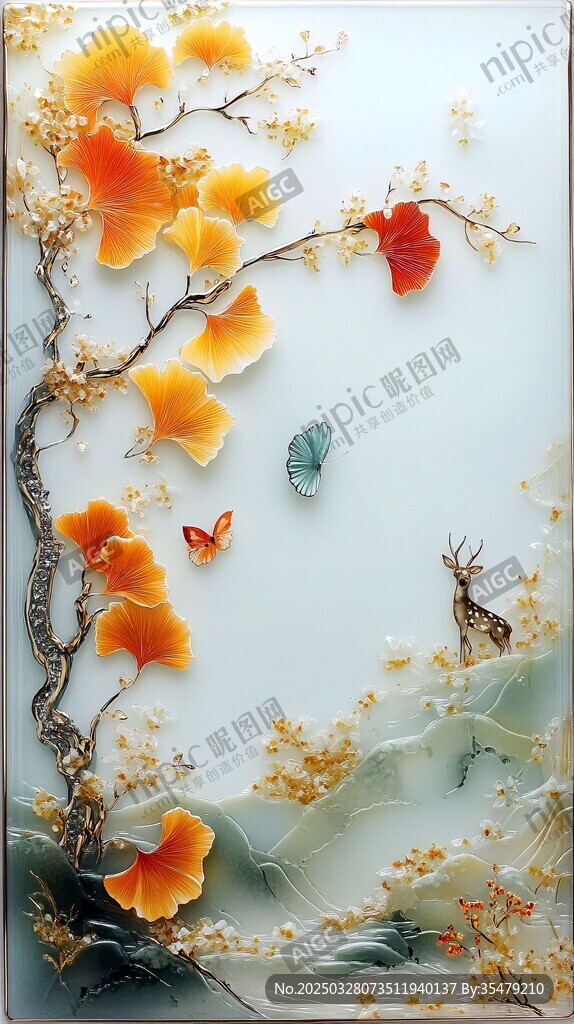 银杏花鸟山水艺术装饰画