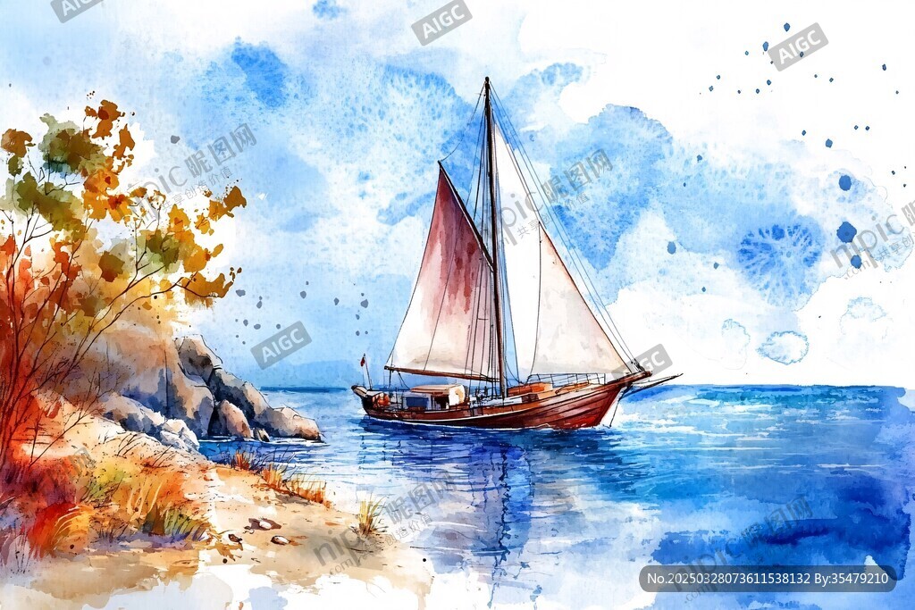 水彩绘海上帆船与岸边景