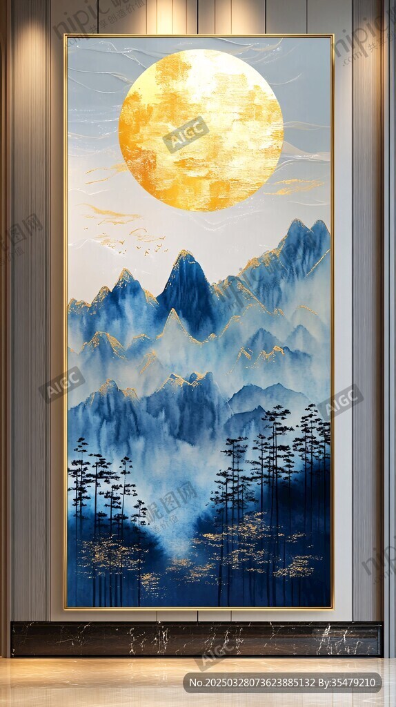 圆月映群山中式意境画