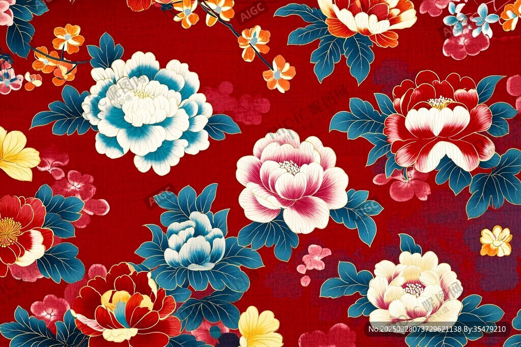 中式红底繁花传统图案