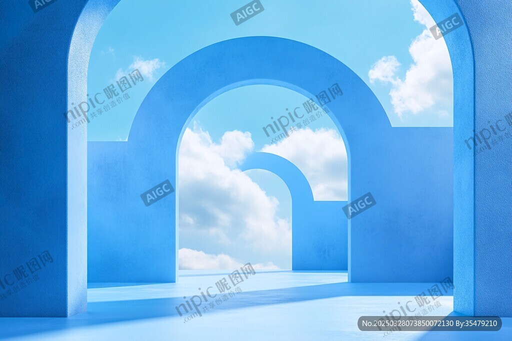 蓝色拱门通道与天际白云