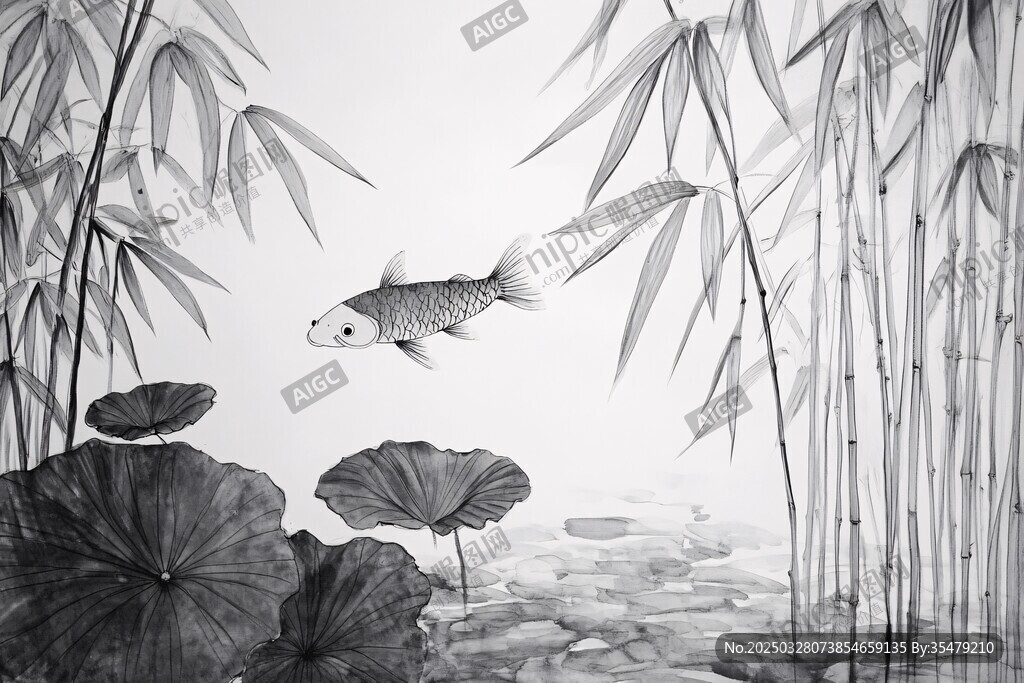 水墨竹影中游弋的锦鲤