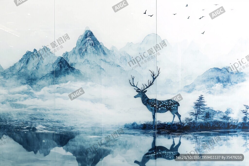 水墨山水间的灵鹿