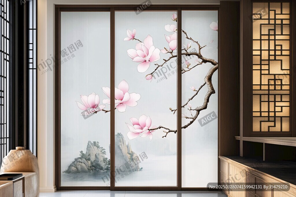 中式玉兰图案玻璃隔断门