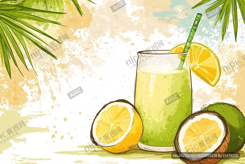 清新柠檬椰汁夏日插画