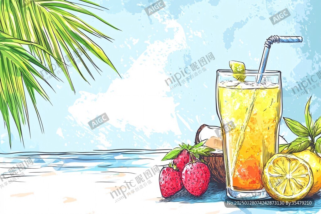 夏日海滩清爽水果冰饮