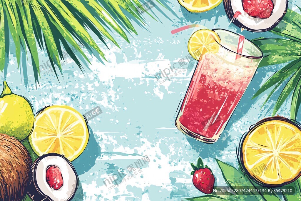 夏日清凉水果饮品插画