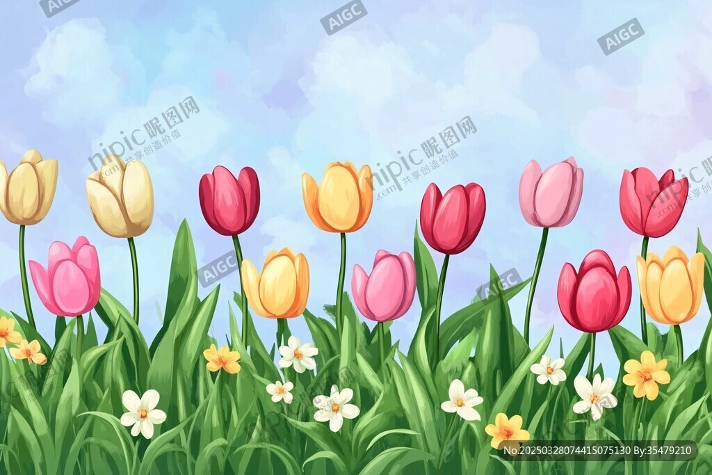 缤纷郁金香花丛插画