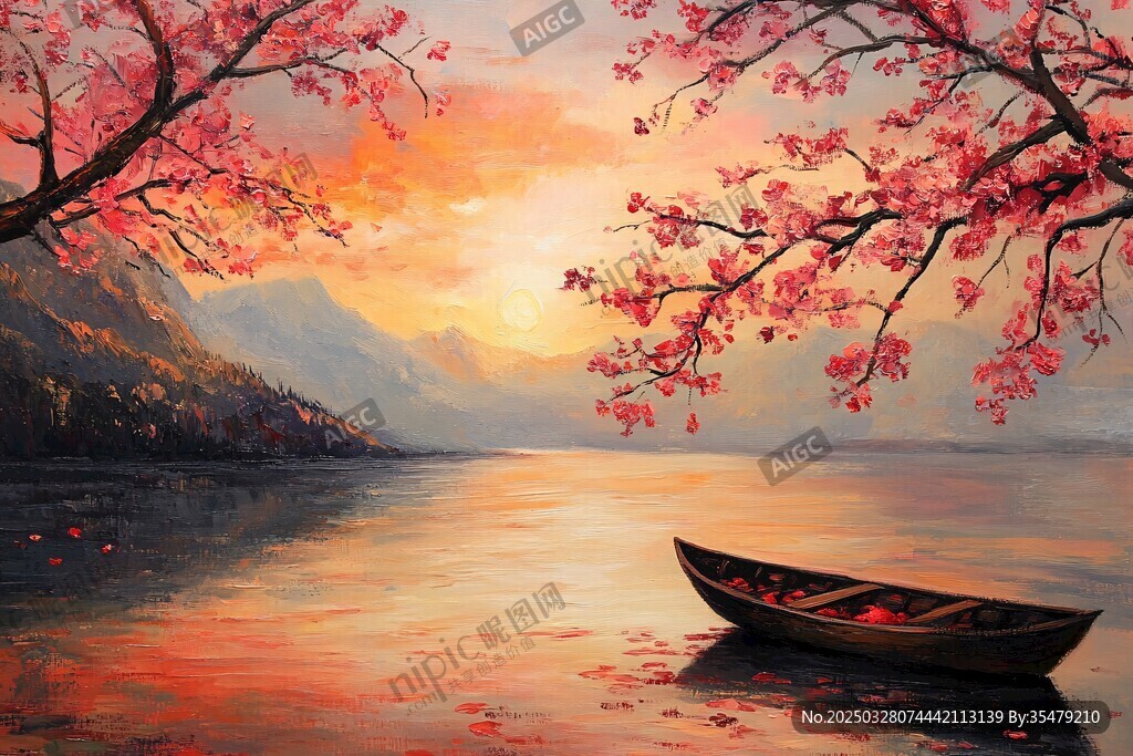 夕阳下湖畔的静谧小船