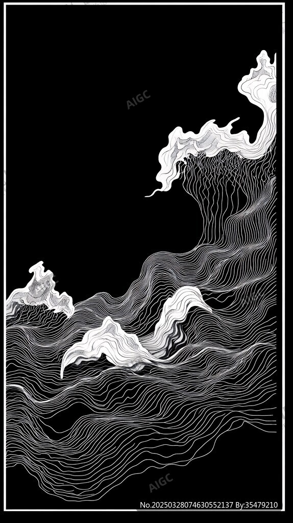 黑白线条勾勒的灵动海浪
