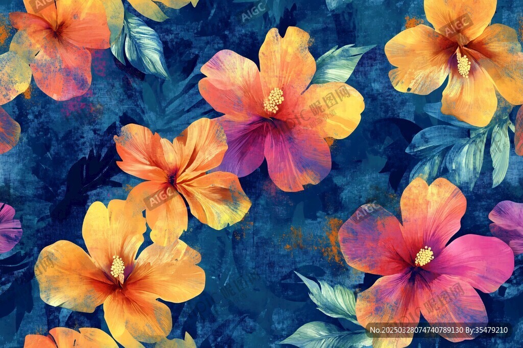 绚丽扶桑花水彩图案