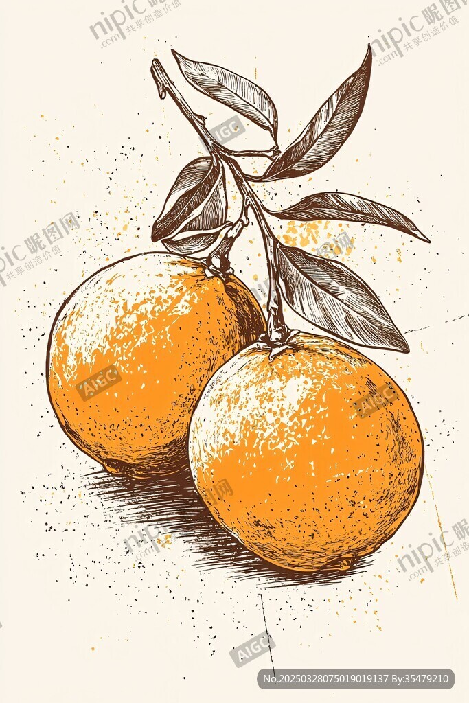 手绘双橙带枝叶插画