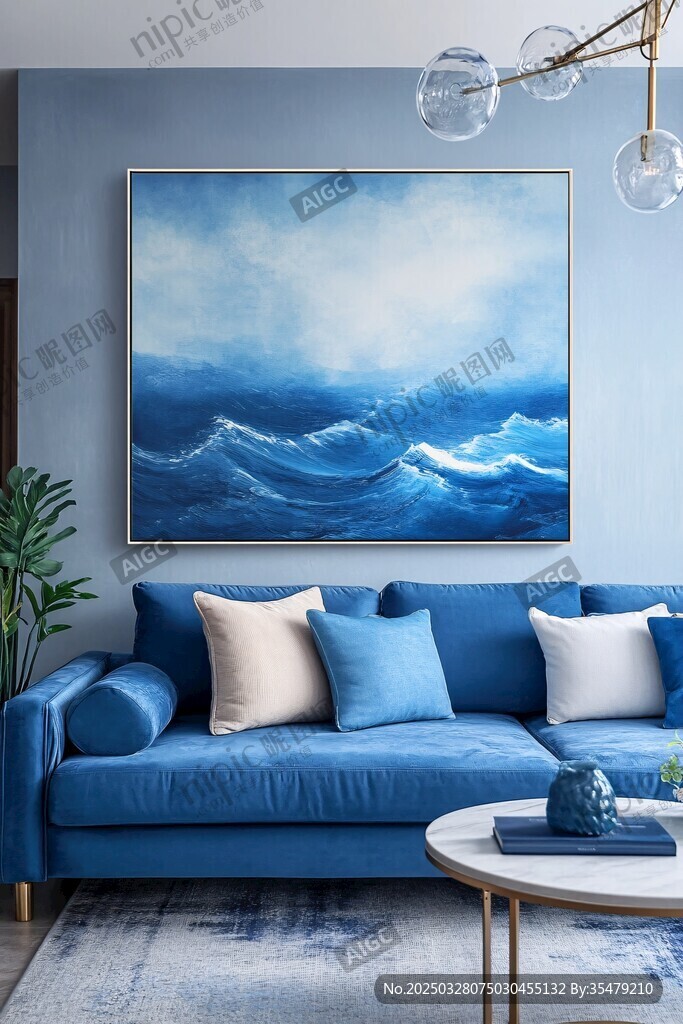蓝色海洋挂画装点温馨客厅