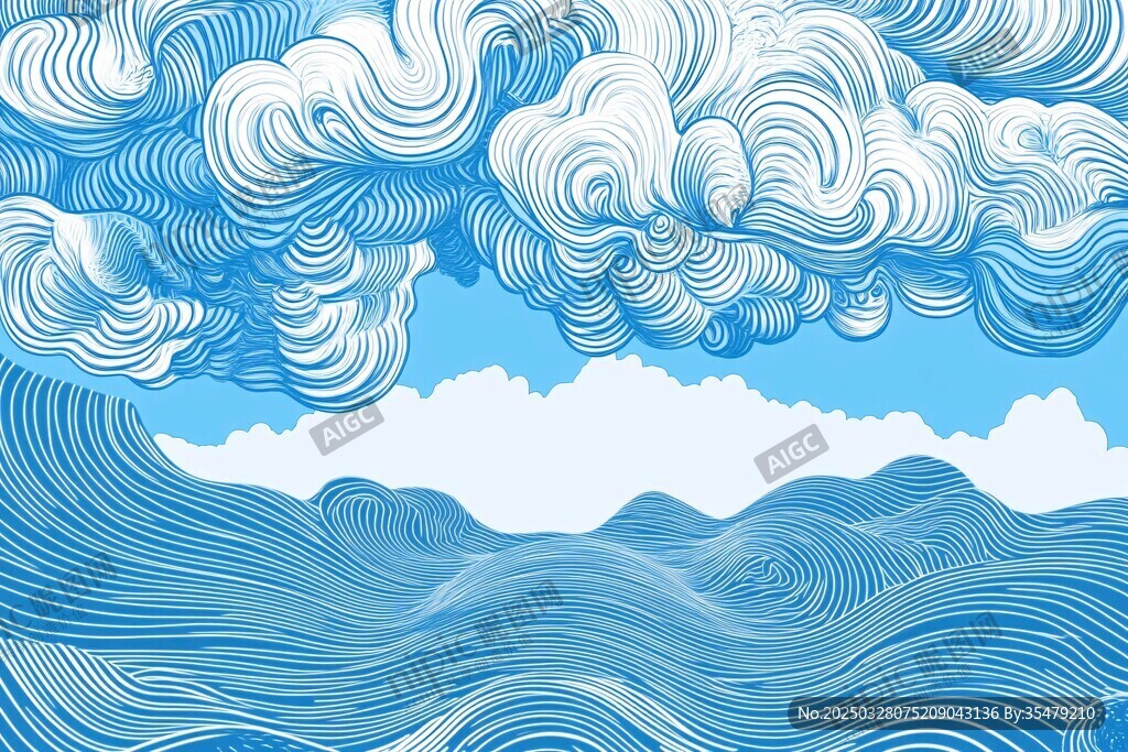 蓝色梦幻云海与波涛图景